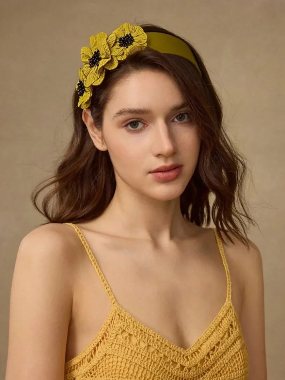 Mustard Yellow Floral Headband with Black Beaded Centers